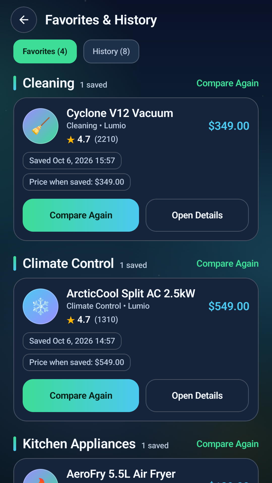 HomeCompare favorites screen